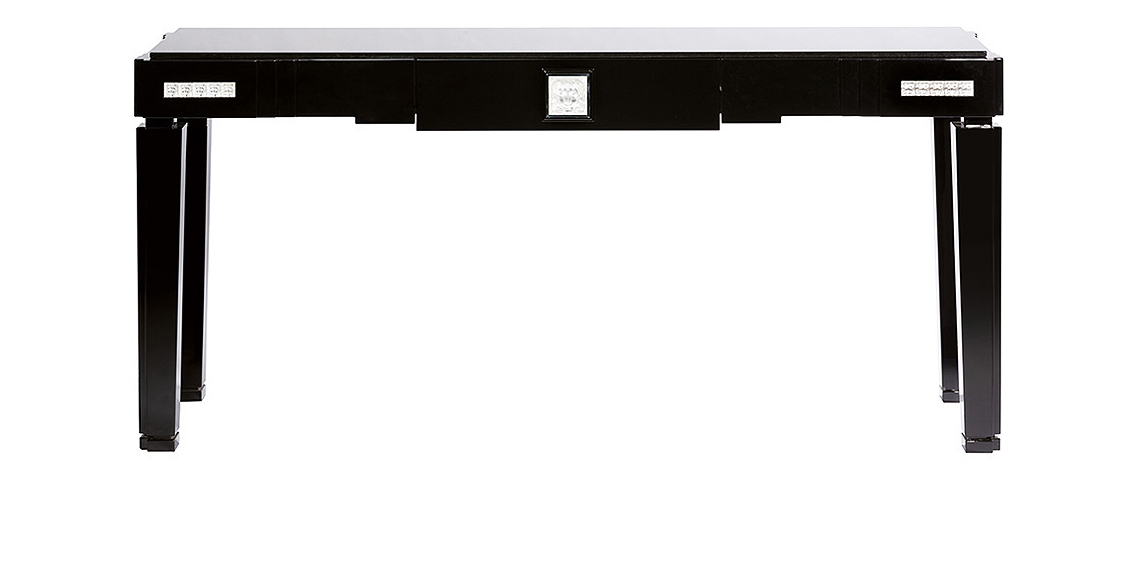 Console masque de femme en édition numérotée, cristal incolore et laqué noir avec plateau en granite noir - Lalique