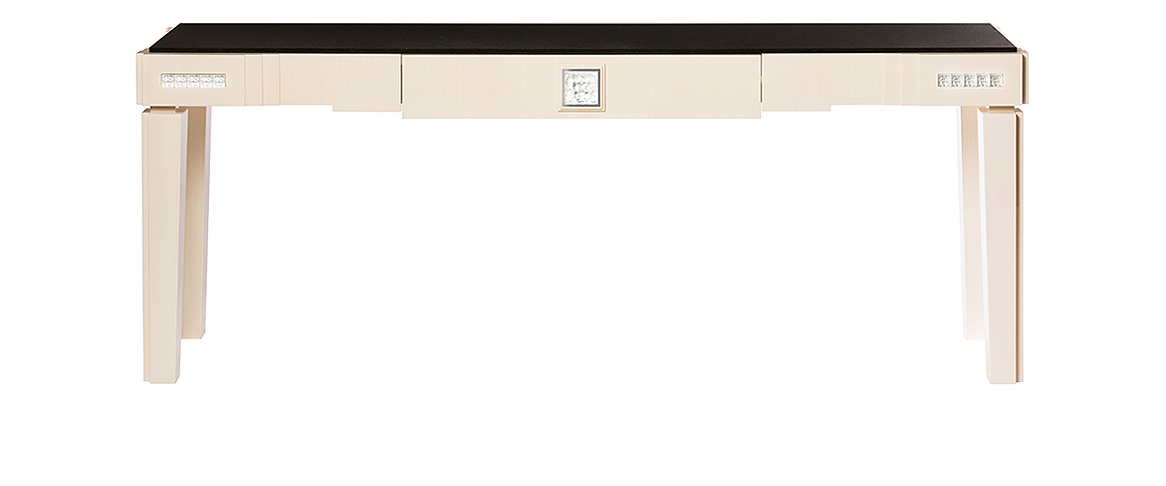 Console masque de femme en édition numérotée, cristal incolore et frêne ivoire avec plateau en granite noir - Lalique