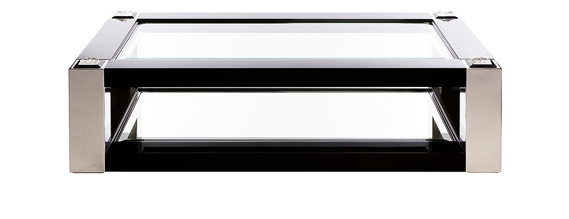 Table basse masque de femme en édition numérotée, cristal incolore, laqué noir et acier poli - Lalique