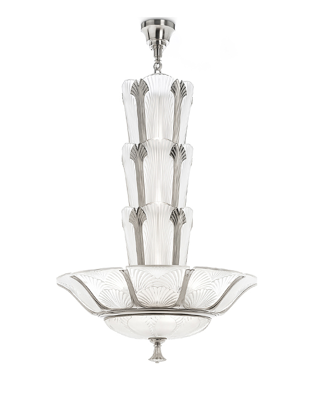 Lustre ginkgo en cristal incolore, finition nickel brillant - Lalique