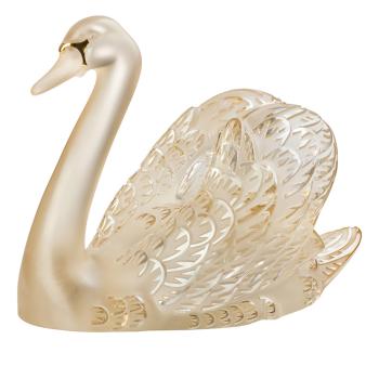 Sculpture cygne tête haute en cristal lustré or, émaillé or - Lalique