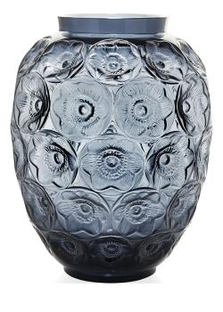 Vase anémones grand modèle en cristal bleu nuit émaillé blanc, édition limitée à 188 exemplaires - Lalique