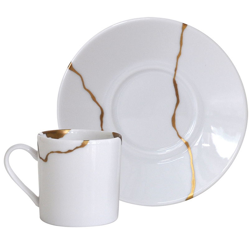 ARTVIGOR Straight Shaped Porcelain Set 220cc with Durable Gold Plated Rims and Handles for Specialty Drinks Coffee Cups and Saucers 6-Piece Mixed Color 