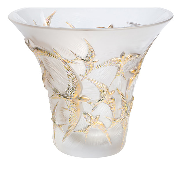 Vase hirondelles évasé incolore tamponné or - Lalique