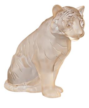Sculpture tigre assis en cristal lustré or, grand modèle - Lalique